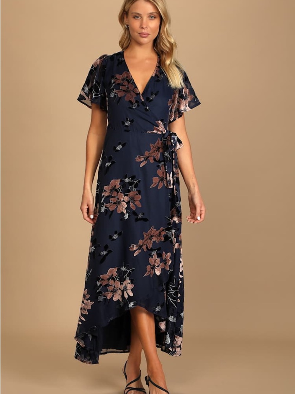 Lulus Navy Burnout Floral Wrap High Low Midi Dress NWT Small - Picture 5 of 8
